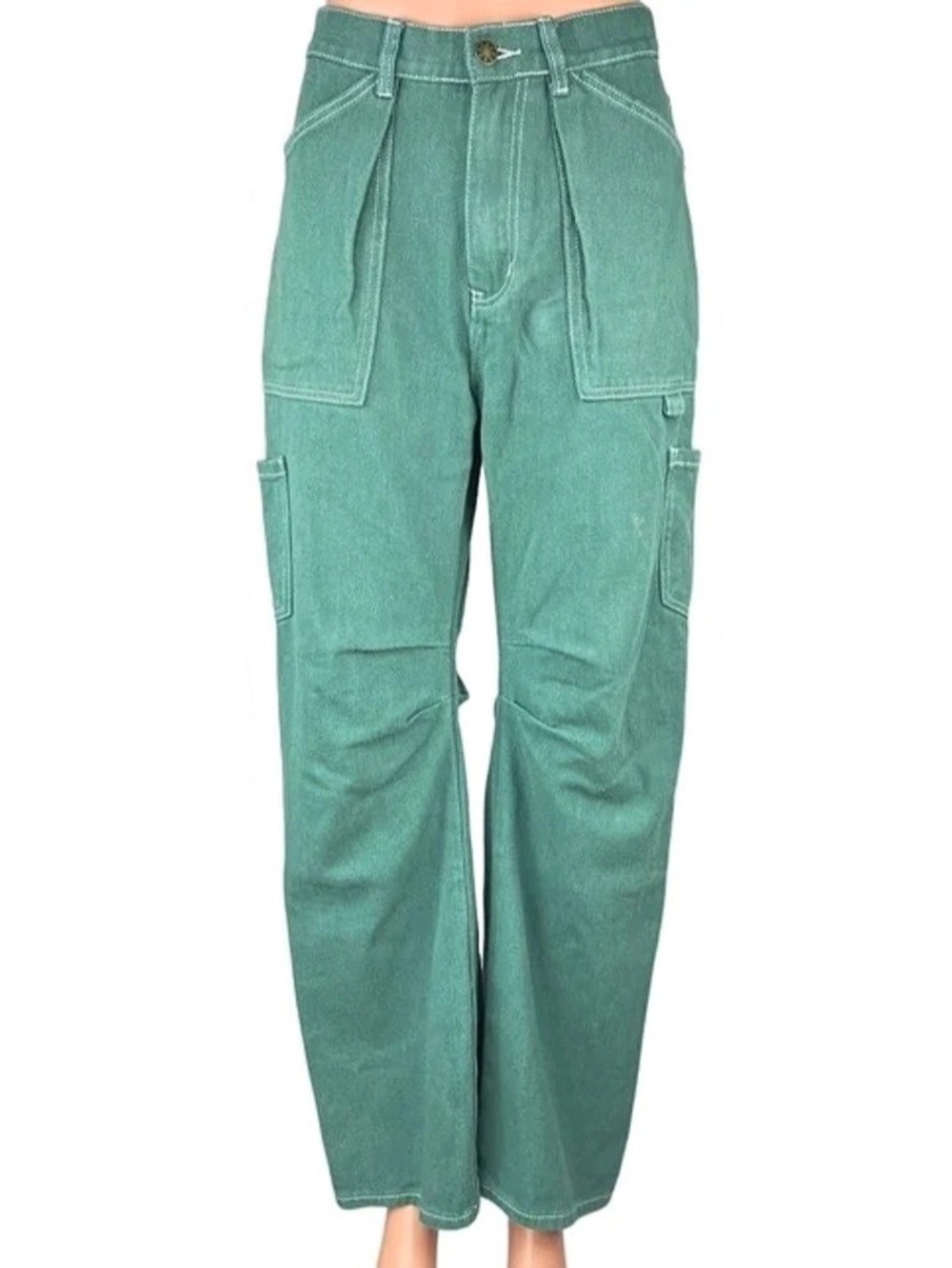 Lioness Green Utility Cargo Pants Jeans Straight Leg Contrast Stitch Size L
